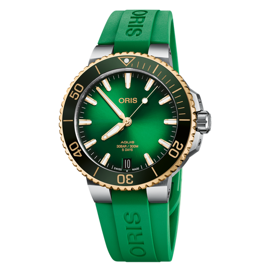 Aquis Date Calibre 400 41.5mm Steel Case Transparent Back Green In Dex Dial Yellow Gold Tone Bezel Gree N Rubber Strap W/Steel
