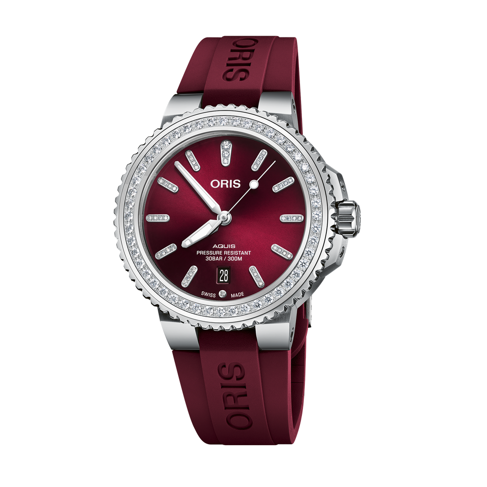 Aquis Date Diamonds 41.5mm Steel Case With Diamonds - Red Diamond Dial - Bordeau x Caoutchouc Strap