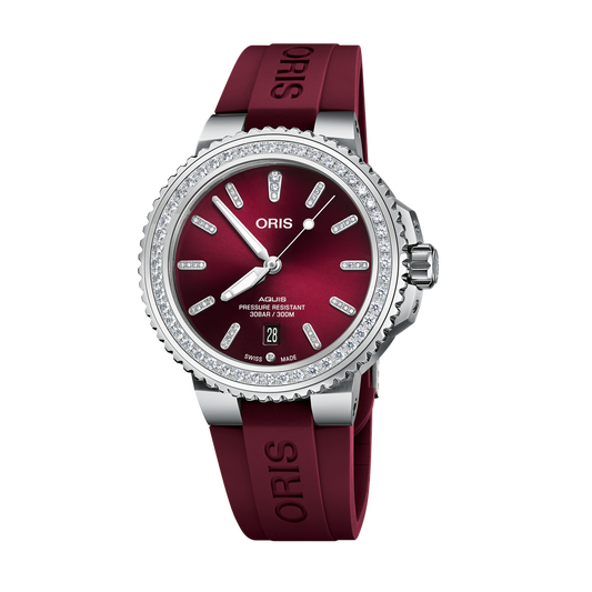 Aquis Date Diamonds 41.5mm Steel Case With Diamonds - Red Diamond Dial - Bordeau x Caoutchouc Strap