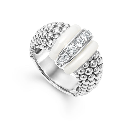 White Ceramic Caviar Diamond Ring