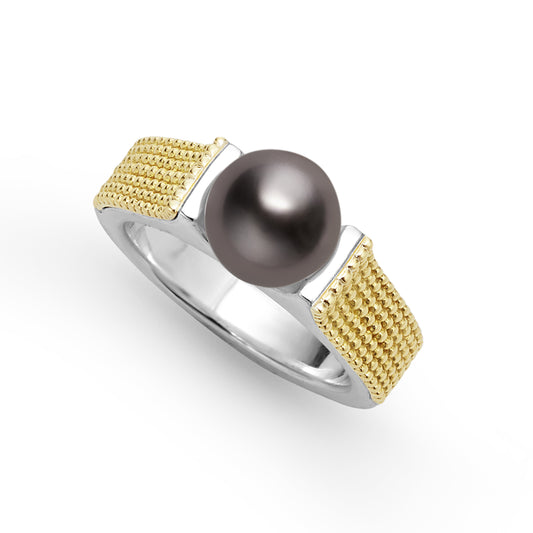 18K Gold and Sterling Silver Black Pearl Ring