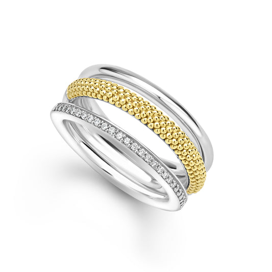 18K Gold and Sterling Silver Diamond Three Row Ring
