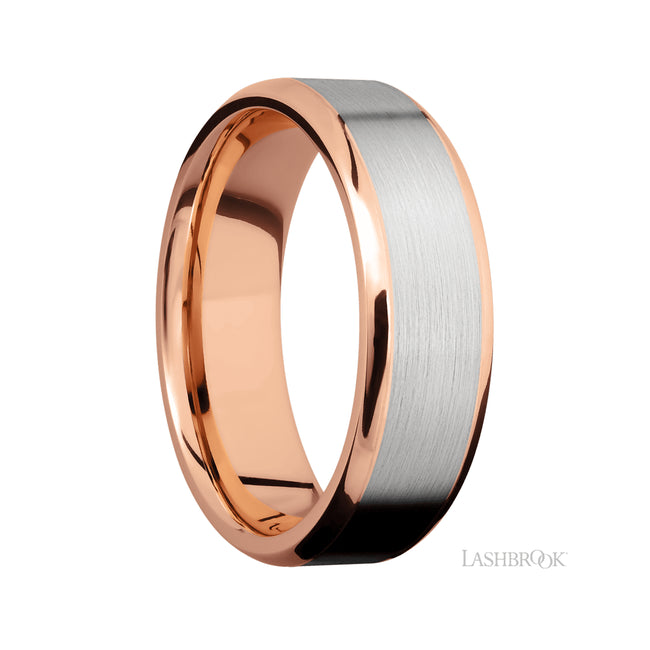 Lashbrook Beveled/14K Rose Gold Band with one inlay of 14K White Gold