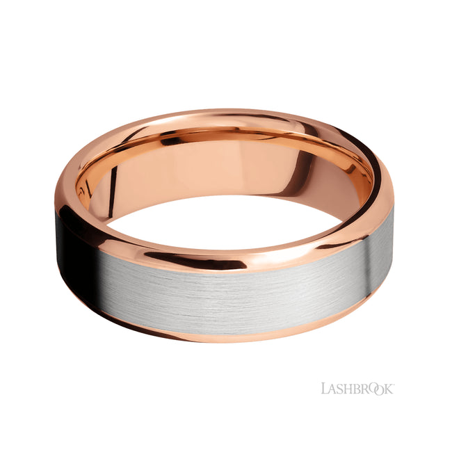 Lashbrook Beveled/14K Rose Gold Band with one inlay of 14K White Gold