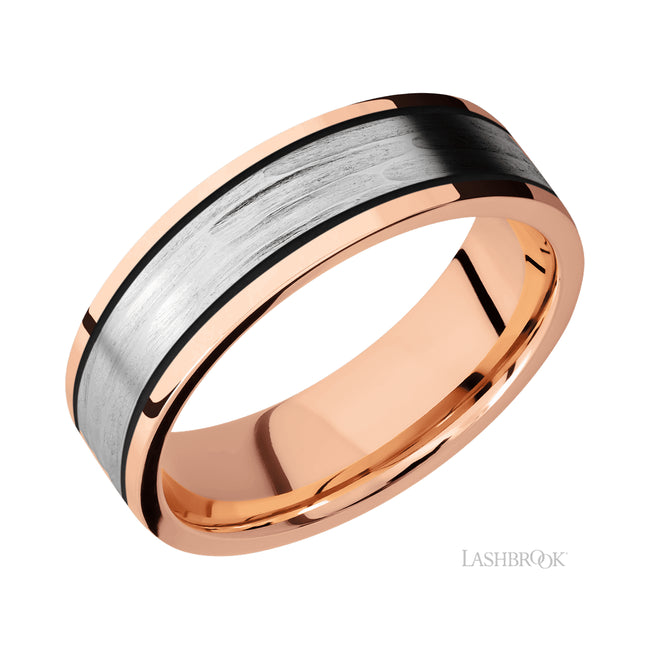 Lashbrook Flat/14K Rose Gold Band with one inlay of 14K White Gold