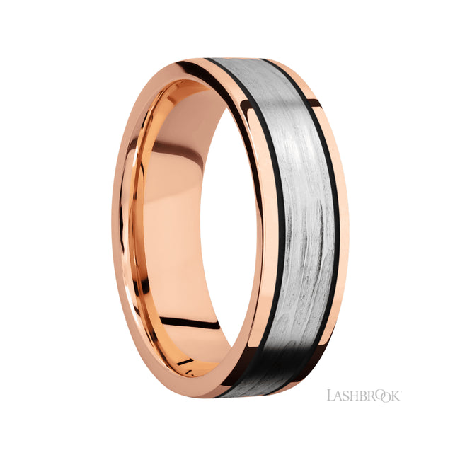 Lashbrook Flat/14K Rose Gold Band with one inlay of 14K White Gold