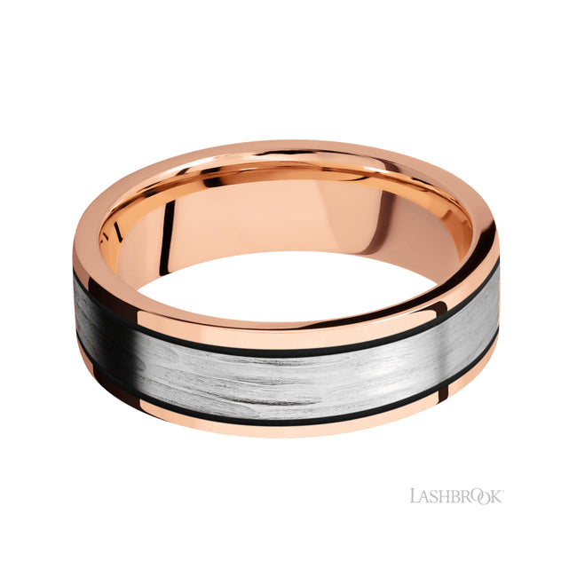 Lashbrook Flat/14K Rose Gold Band with one inlay of 14K White Gold
