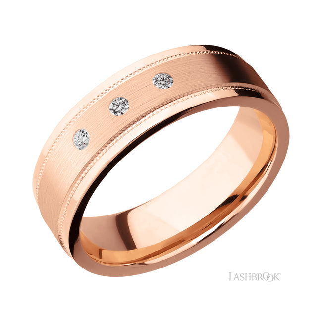 Lashbrook Flat Stepped Edges Milgrain/14K Rose Gold Band with Diamond