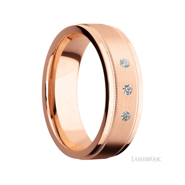 Lashbrook Flat Stepped Edges Milgrain/14K Rose Gold Band with Diamond