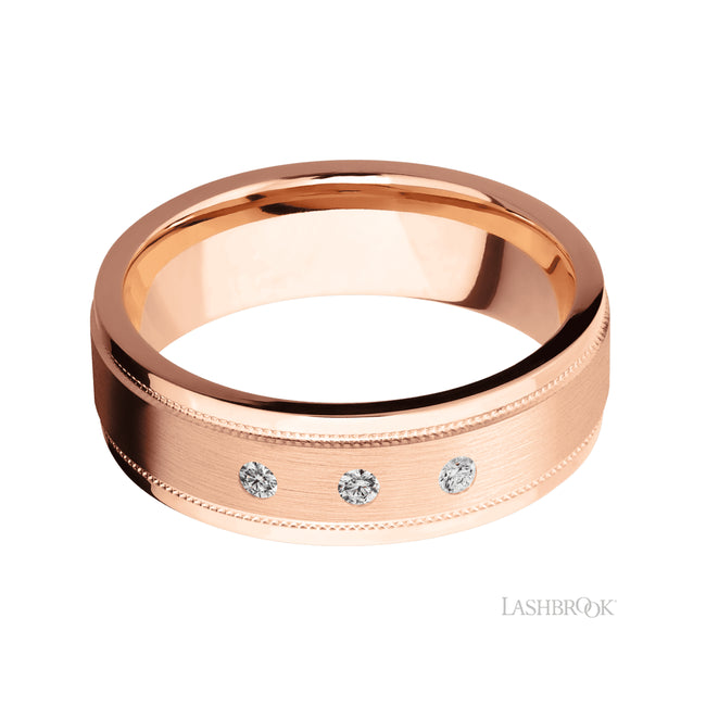 Lashbrook Flat Stepped Edges Milgrain/14K Rose Gold Band with Diamond