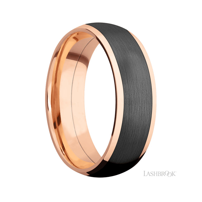 Lashbrook Domed/14K Rose Gold Band with Centered inlay of Zirconium