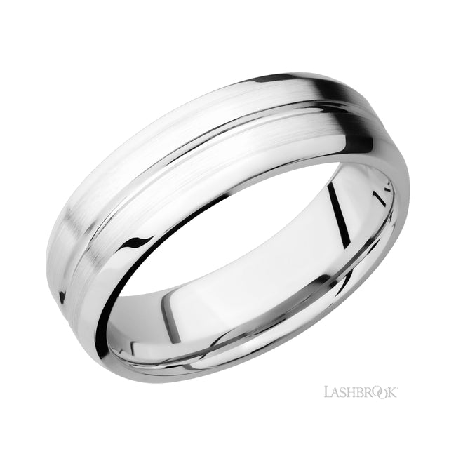 Lashbrook Beveled with Center Accent Groove 14K White Gold Band