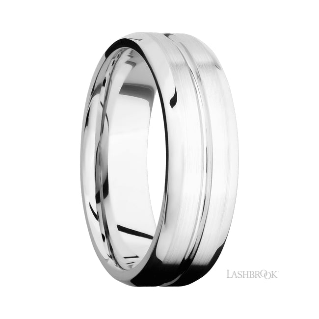 Lashbrook Beveled with Center Accent Groove 14K White Gold Band
