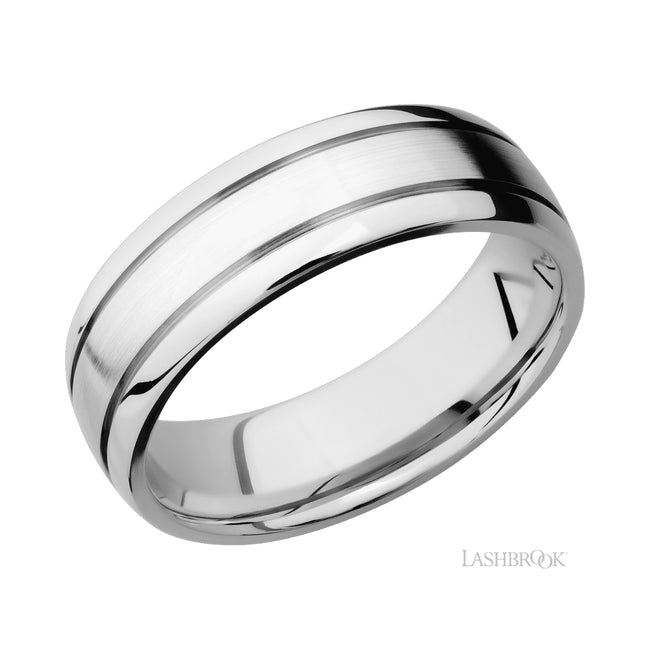 Lashbrook Domed with two accent grooves 14K White Gold Band