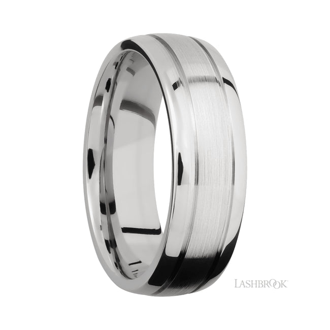 Lashbrook Domed with two accent grooves 14K White Gold Band