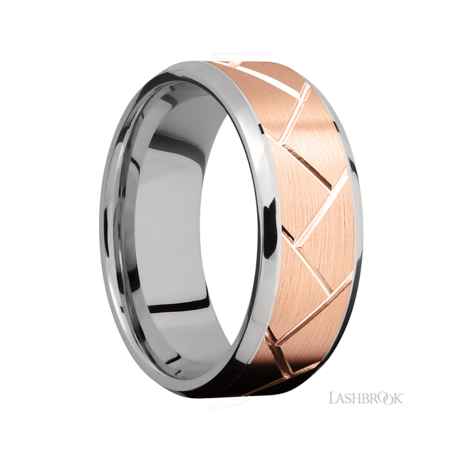 Lashbrook Beveled/14K White Gold Band with one mm Centered inlay of 14K Rose Gold with a machined Flatweave pattern
