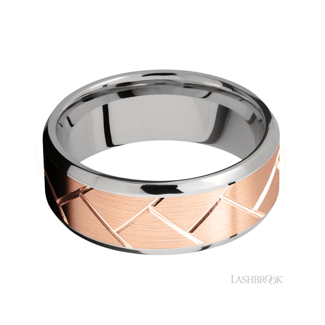 Lashbrook Beveled/14K White Gold Band with one mm Centered inlay of 14K Rose Gold with a machined Flatweave pattern