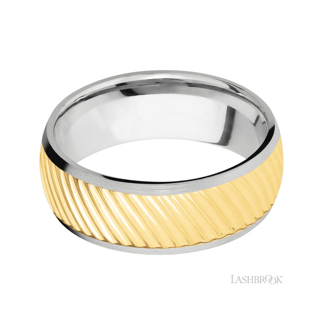 Lashbrook Domed/14K White Gold Band with one inlay of 14K Yellow Gold with a machined pattern