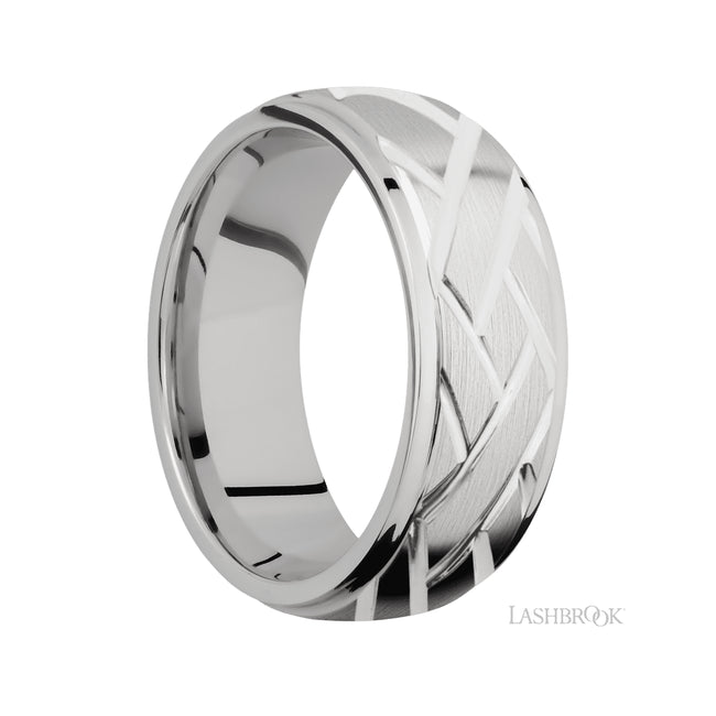 Lashbrook Domed Stepped Down Edges/14K White Gold Band with a machined Lattice pattern