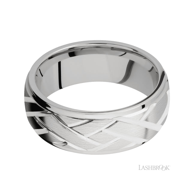 Lashbrook Domed Stepped Down Edges/14K White Gold Band with a machined Lattice pattern