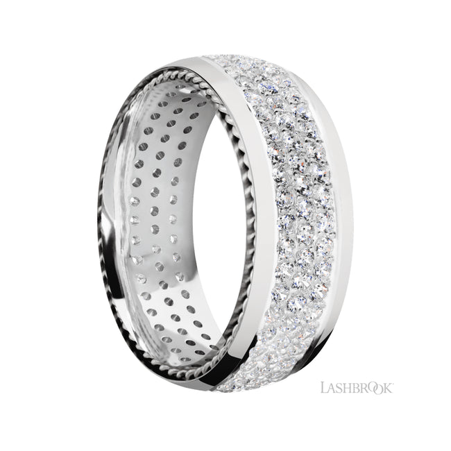 Lashbrook Domed/14K White Gold Band with two inlays of 14K White Gold and Diamond