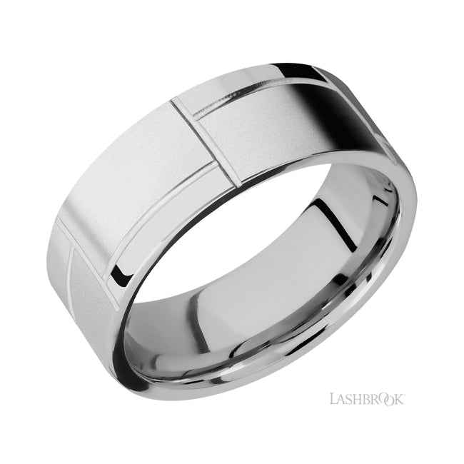 Lashbrook Flat/14K White Gold Band with a machined pattern