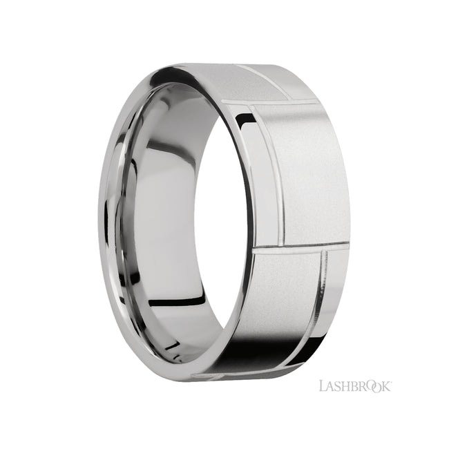 Lashbrook Flat/14K White Gold Band with a machined pattern