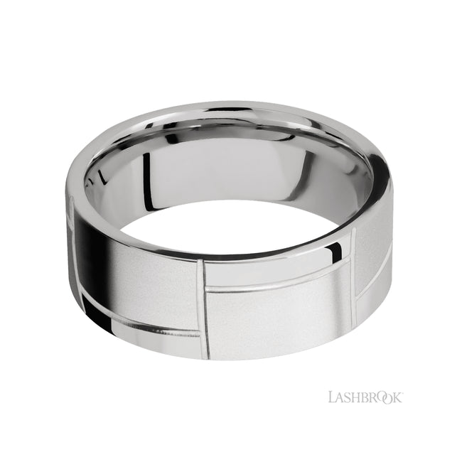 Lashbrook Flat/14K White Gold Band with a machined pattern