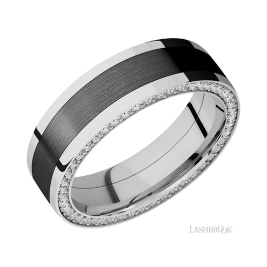 Lashbrook Flat/14K White Gold Band with inlay of Zirconium and Diamond