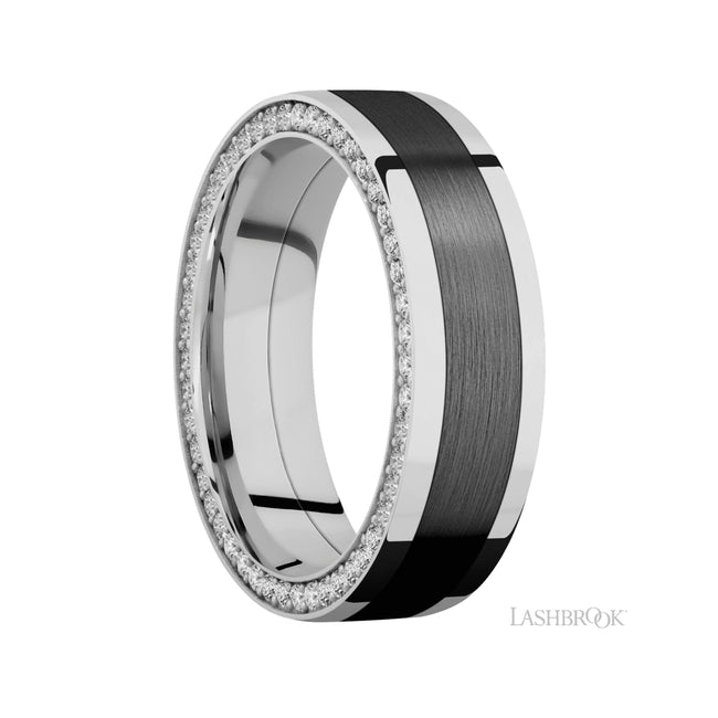 Lashbrook Flat/14K White Gold Band with inlay of Zirconium and Diamond