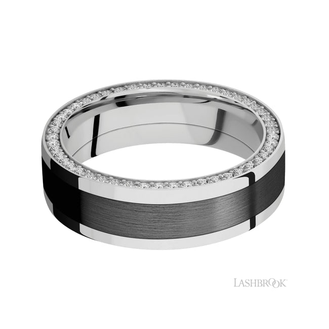 Lashbrook Flat/14K White Gold Band with inlay of Zirconium and Diamond