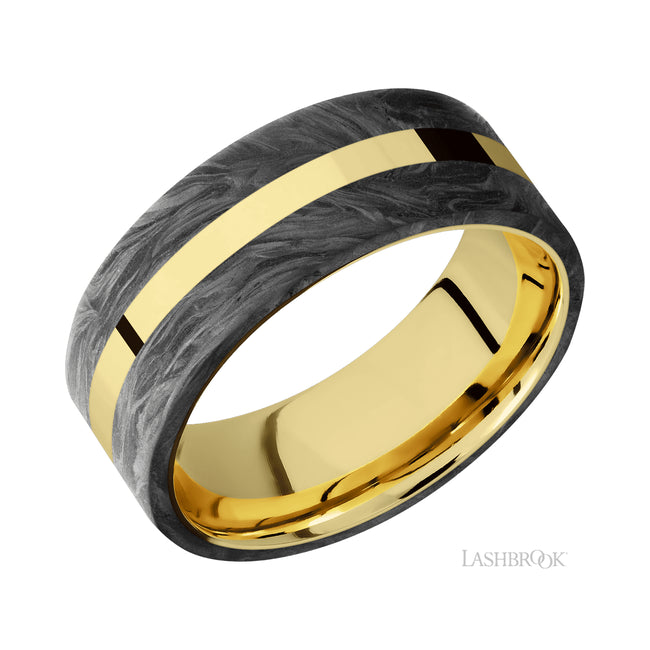 Lashbrook Flat/14K Yellow Gold Band with two inlays of Forged Carbon Fiber