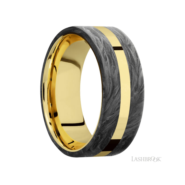 Lashbrook Flat/14K Yellow Gold Band with two inlays of Forged Carbon Fiber