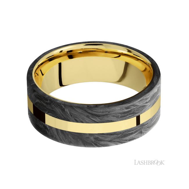 Lashbrook Flat/14K Yellow Gold Band with two inlays of Forged Carbon Fiber