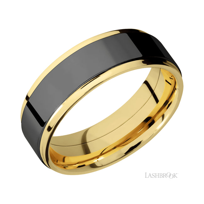 Lashbrook Flat Grooved Edges/14K Yellow Gold Band with one inlay of Zirconium