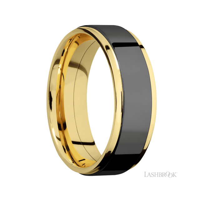 Lashbrook Flat Grooved Edges/14K Yellow Gold Band with one inlay of Zirconium