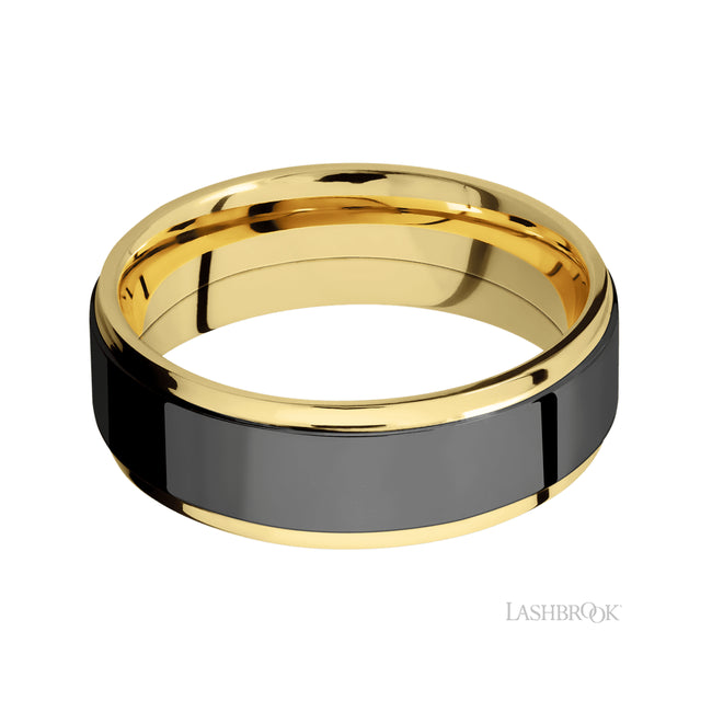 Lashbrook Flat Grooved Edges/14K Yellow Gold Band with one inlay of Zirconium
