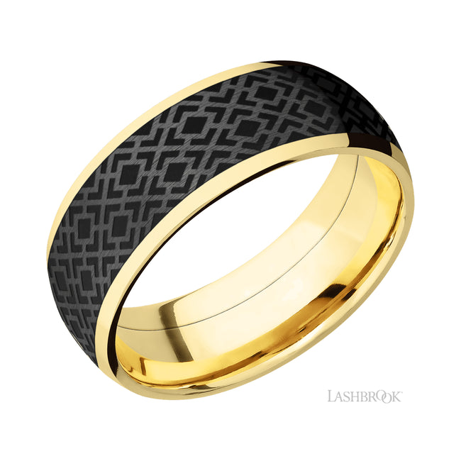 Lashbrook Domed/14K Yellow Gold Band with one inlay of Zirconium with a laser carved Trellis pattern