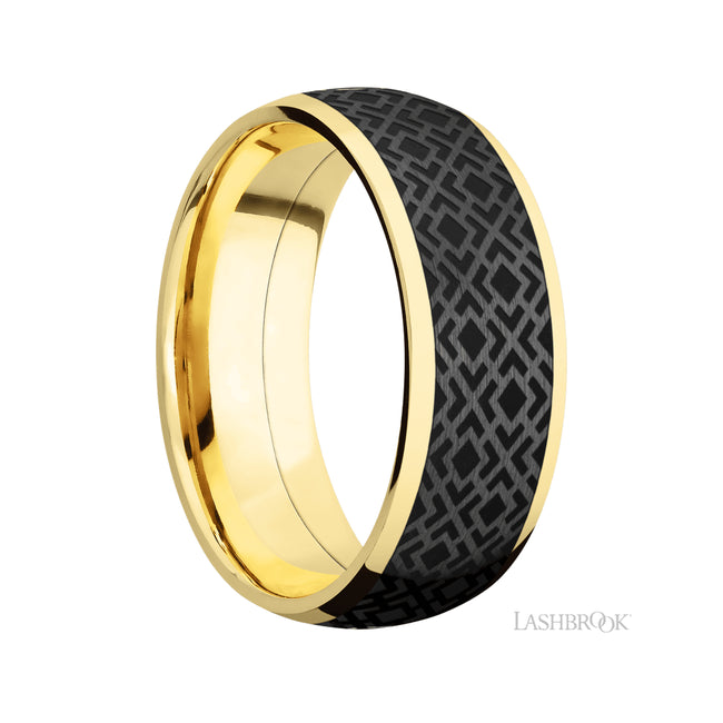 Lashbrook Domed/14K Yellow Gold Band with one inlay of Zirconium with a laser carved Trellis pattern