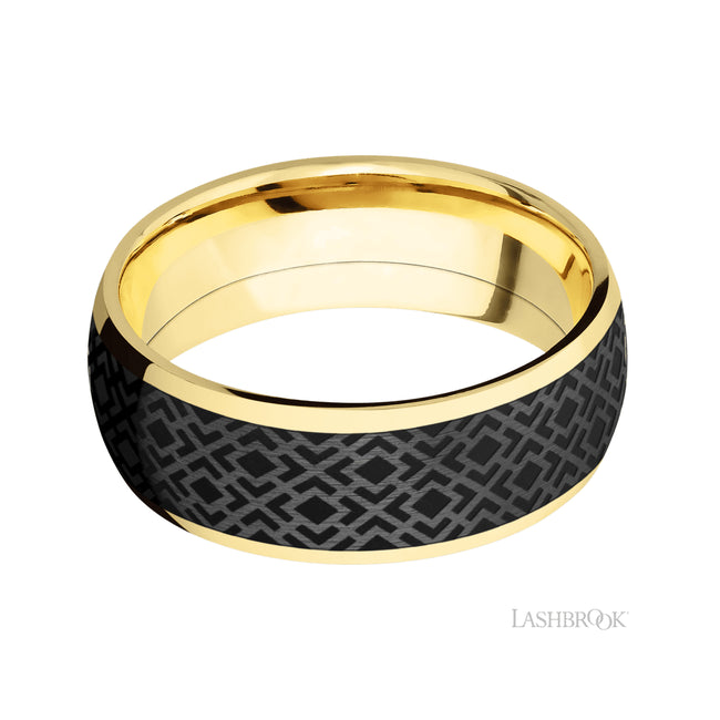 Lashbrook Domed/14K Yellow Gold Band with one inlay of Zirconium with a laser carved Trellis pattern