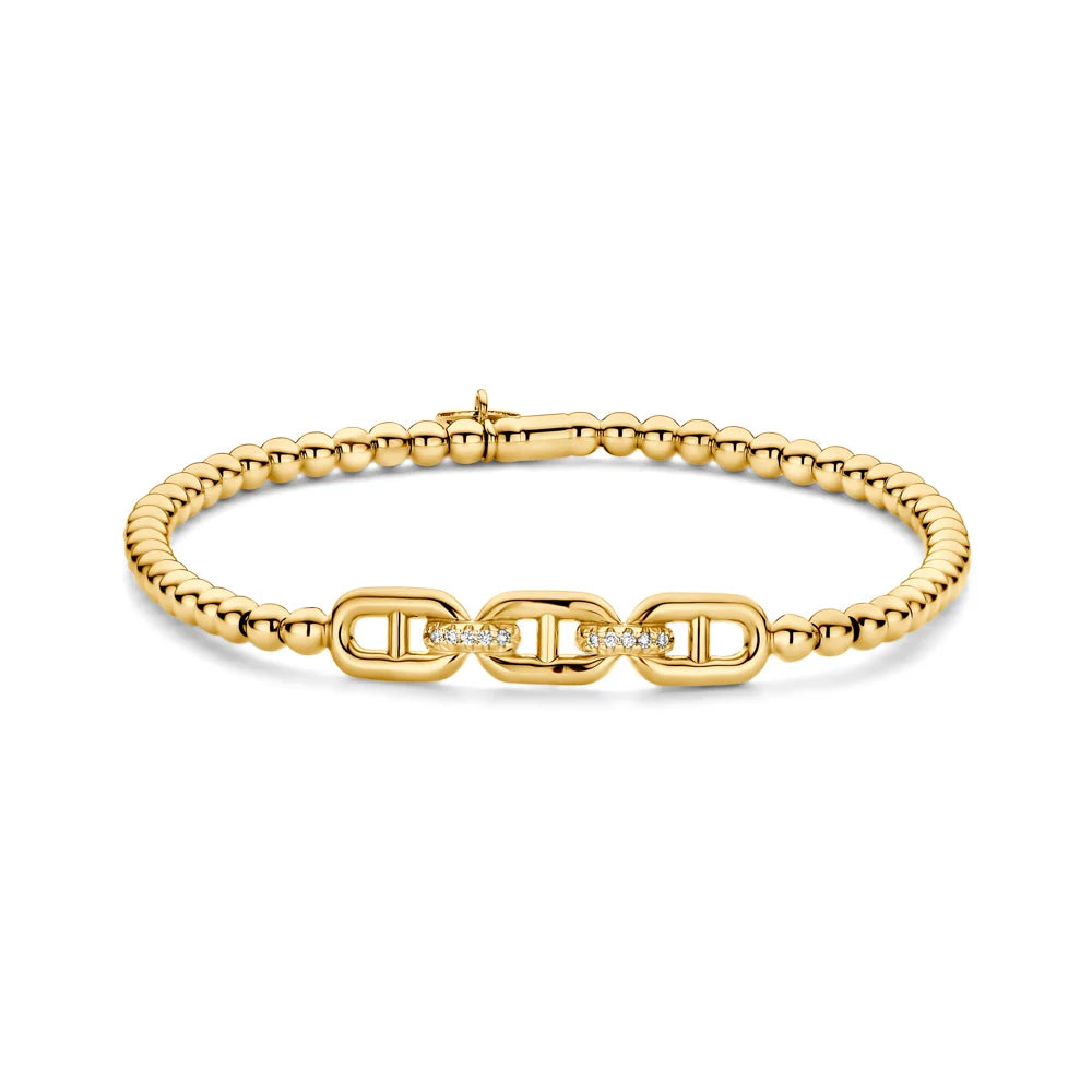Hulchi Belluni 18K Yellow Gold Three Oval Link 2 Diamond Station Tresore Stretch Bracelet