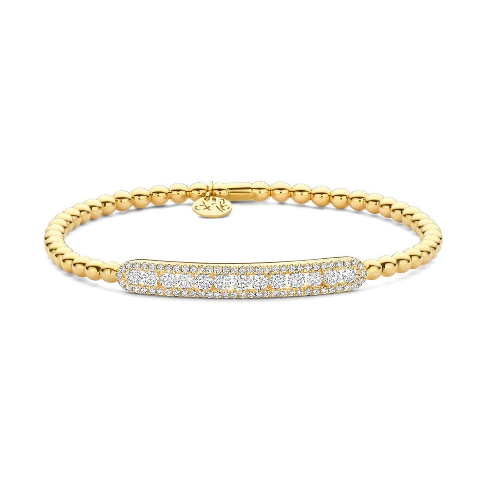 Hulchi Belluni 18K Yellow Gold Diamond Bar Halo with 13 Diamonds Center Tresore Stretch Bracelet