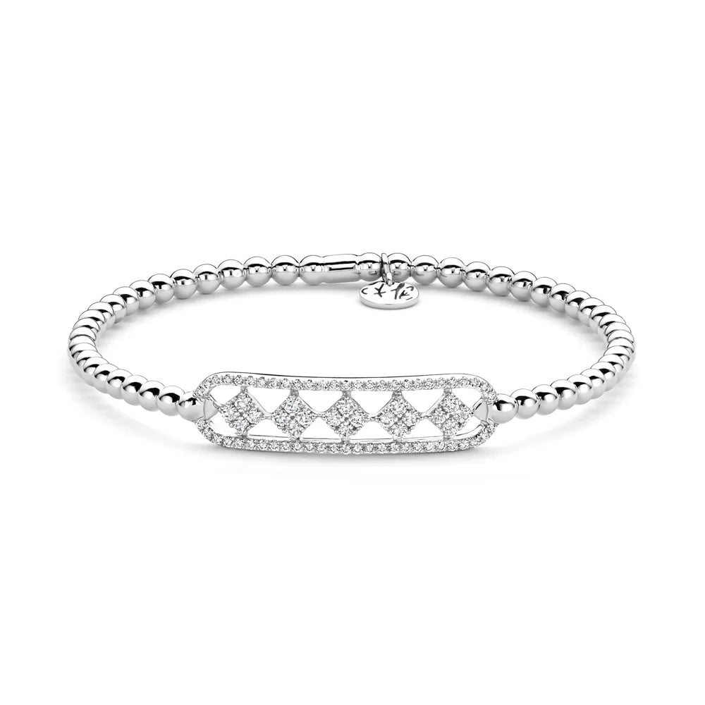 Hulchi Belluni 18K White Gold 5 Diamond Stations Surrounded by Rectangular Halo Tresore Stretch Bracelet