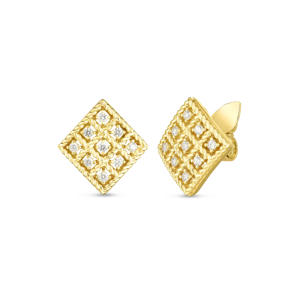 Roberto Coin 18k gold diamond Byzantine Barocco small square stud earrings in 18k yellow gold