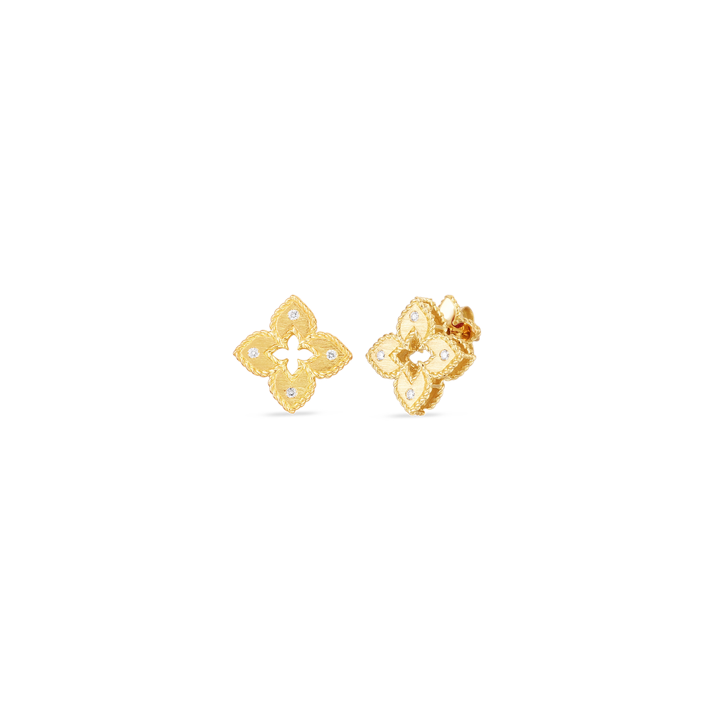 18K Yellow Gold Petite Venetian Princess Diamond & Satin Finish Small Flower Stud Earrings