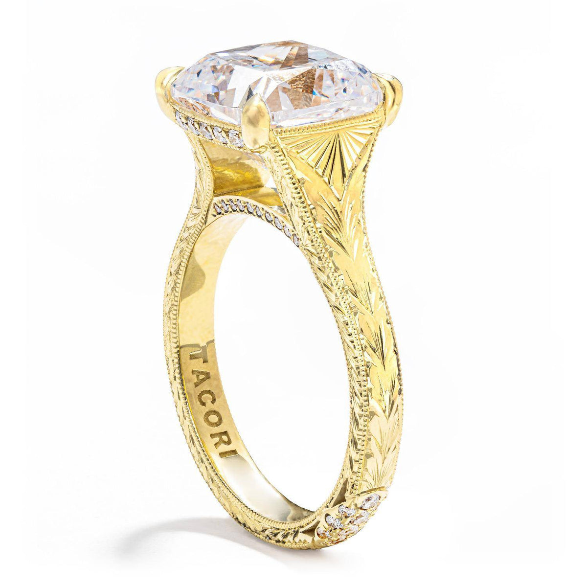 Tacori Wheat Hand Engraved Wide Band Cushion Solitaire Engagement Ring in 18K Yellow Gold