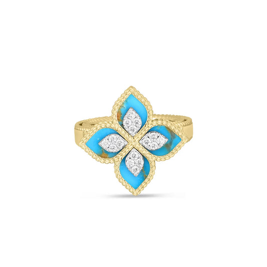Roberto Coin 18K Yellow & White Gold Venetian Princess Diamond Turquoise Flower Ring