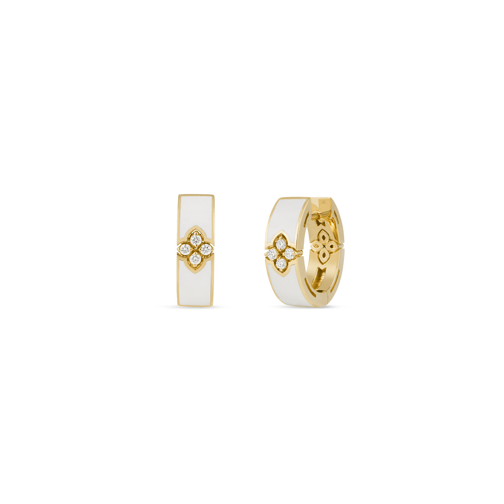 18K YELLOW GOLD LOVE IN VERONA DIAMOND AND WHITE ENAMEL HOOP EARRINGS