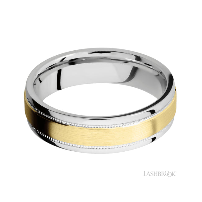 Lashbrook Flat Stepped Edges Milgrain/Cobalt Chrome Band with Centered inlay of 14K Yellow Gold