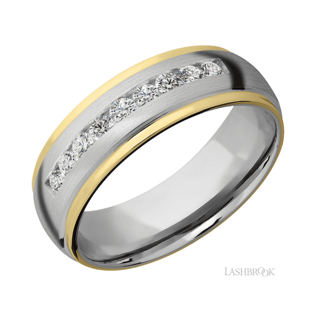 Lashbrook Domed Stepped Down Edges/Cobalt Chrome Band with Lab Grown Diamond and two inlays of 14K Yellow Gold